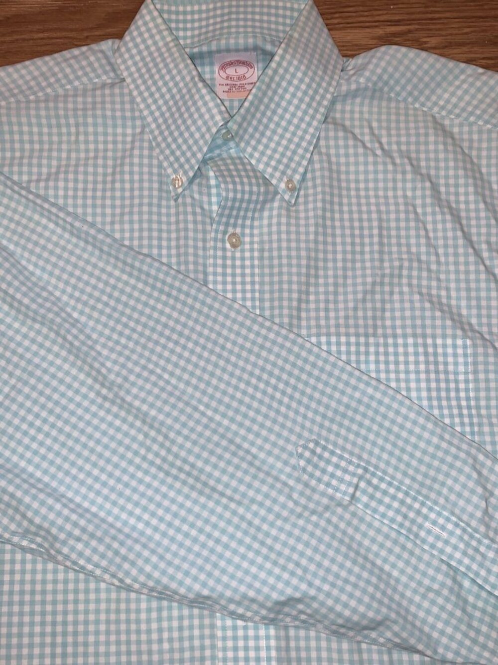 Brooks Brothers Check Button Up Size L Baby Blue Cotton Long Sleeve Casual